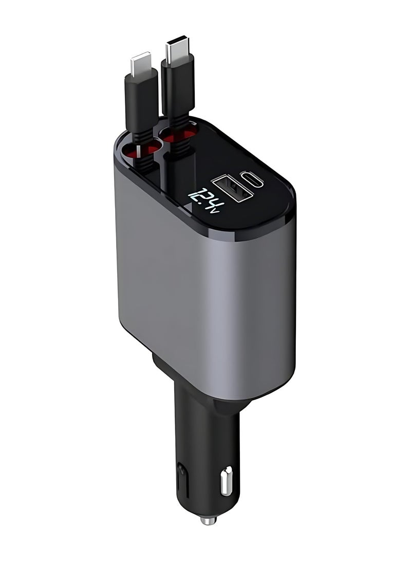 4-in-1 Retractable Car Charger USB-C Fast Charging Car Adapter with Built-in Cables for iPhone & USB-C Devices - Image 1